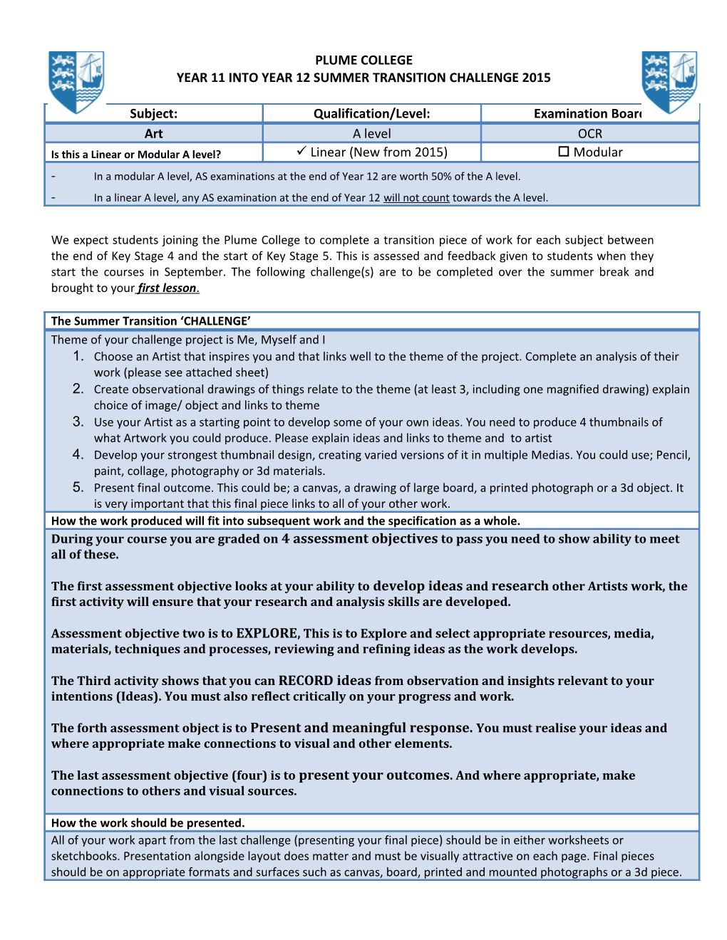 Year 11 Into Year 12 Summer Transition Challenge 2015