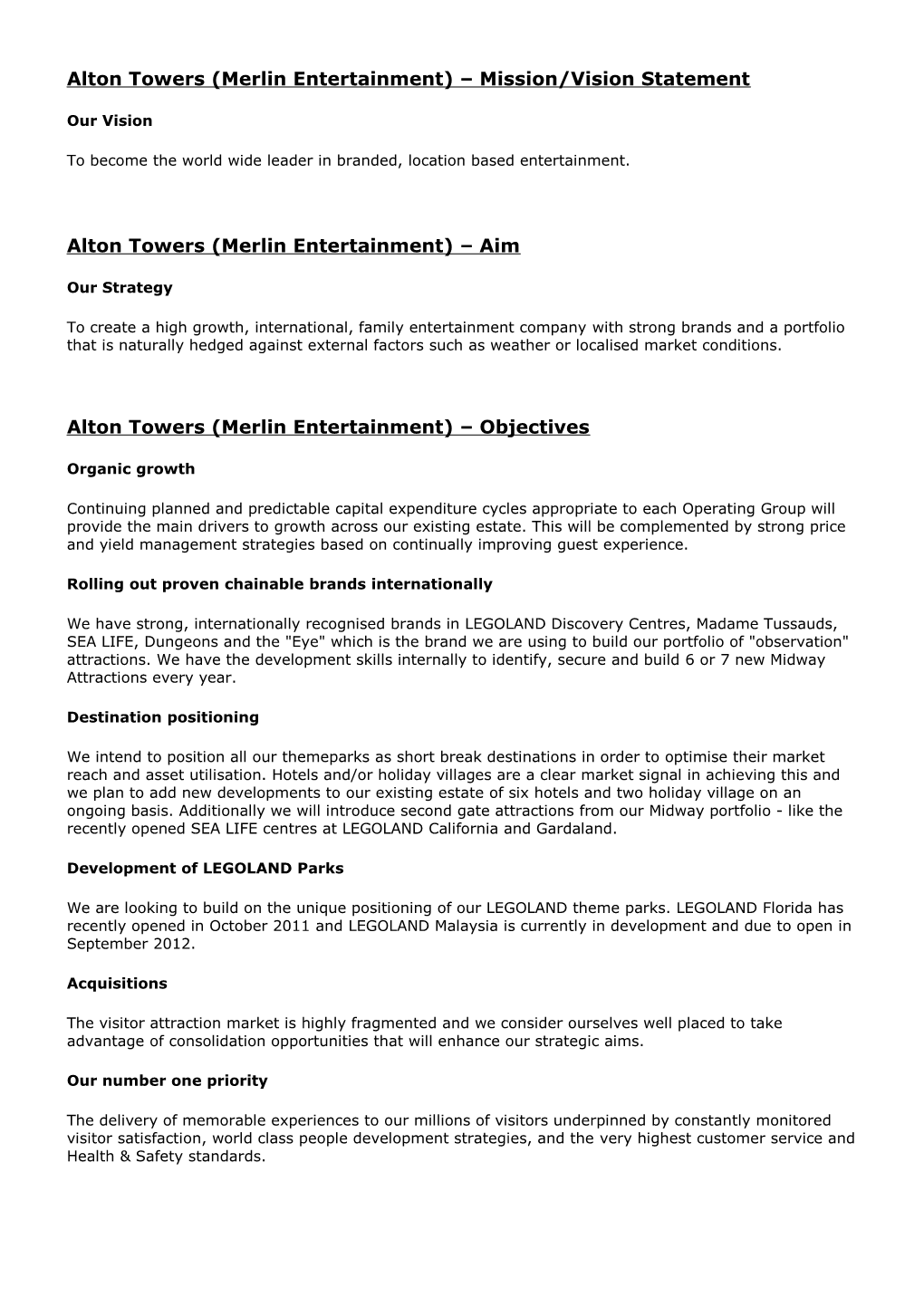 Alton Towers (Merlin Entertainment) Mission/Vision Statement
