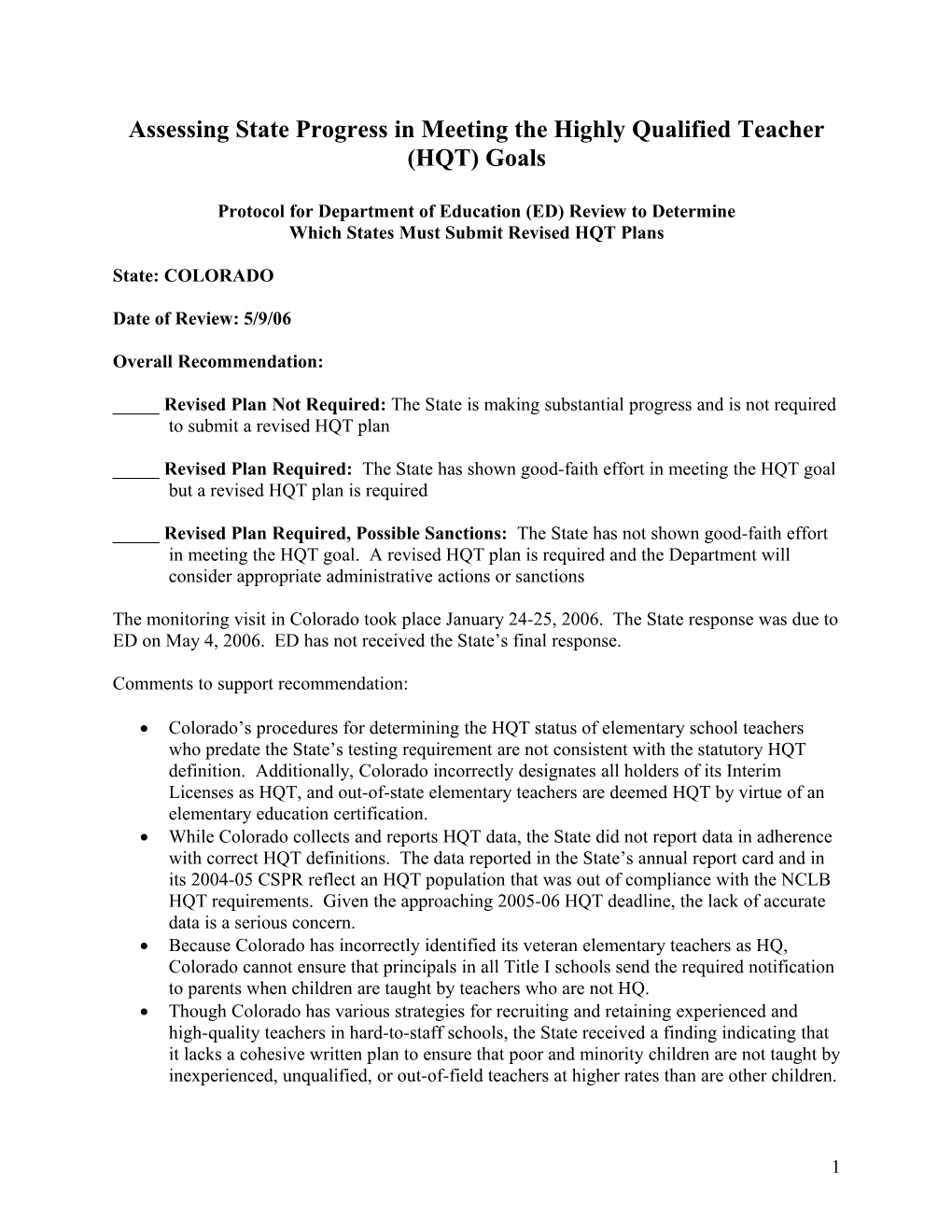 Assessing State Progress in Meeting the Highly Qualified Teacher (HQT) Goals - Colorado