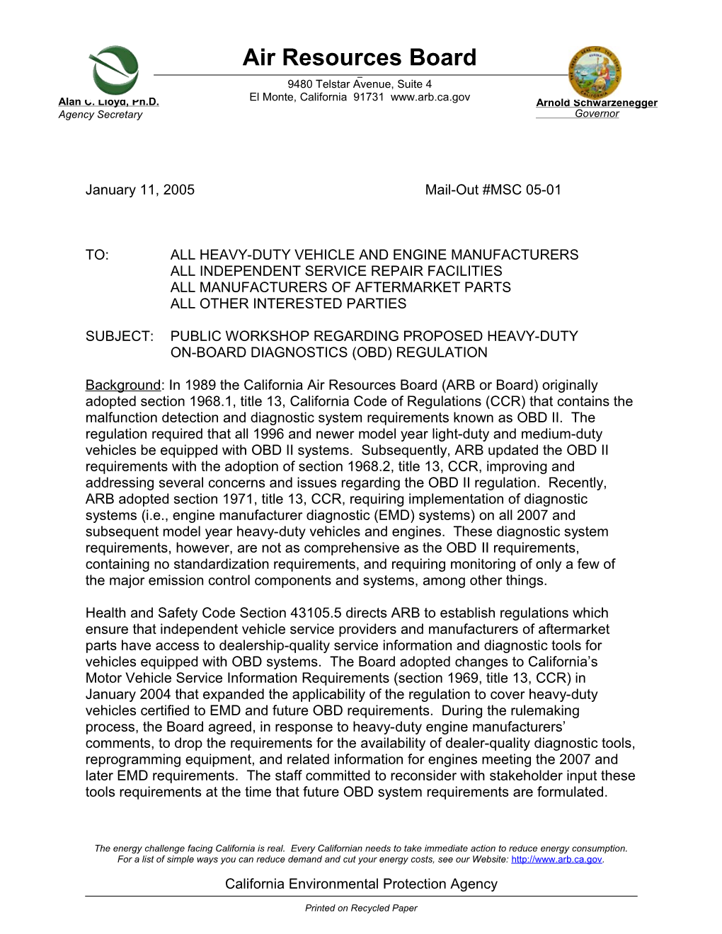 Rulemaking Informal: 2005-02 HD OBD Workshop Notice