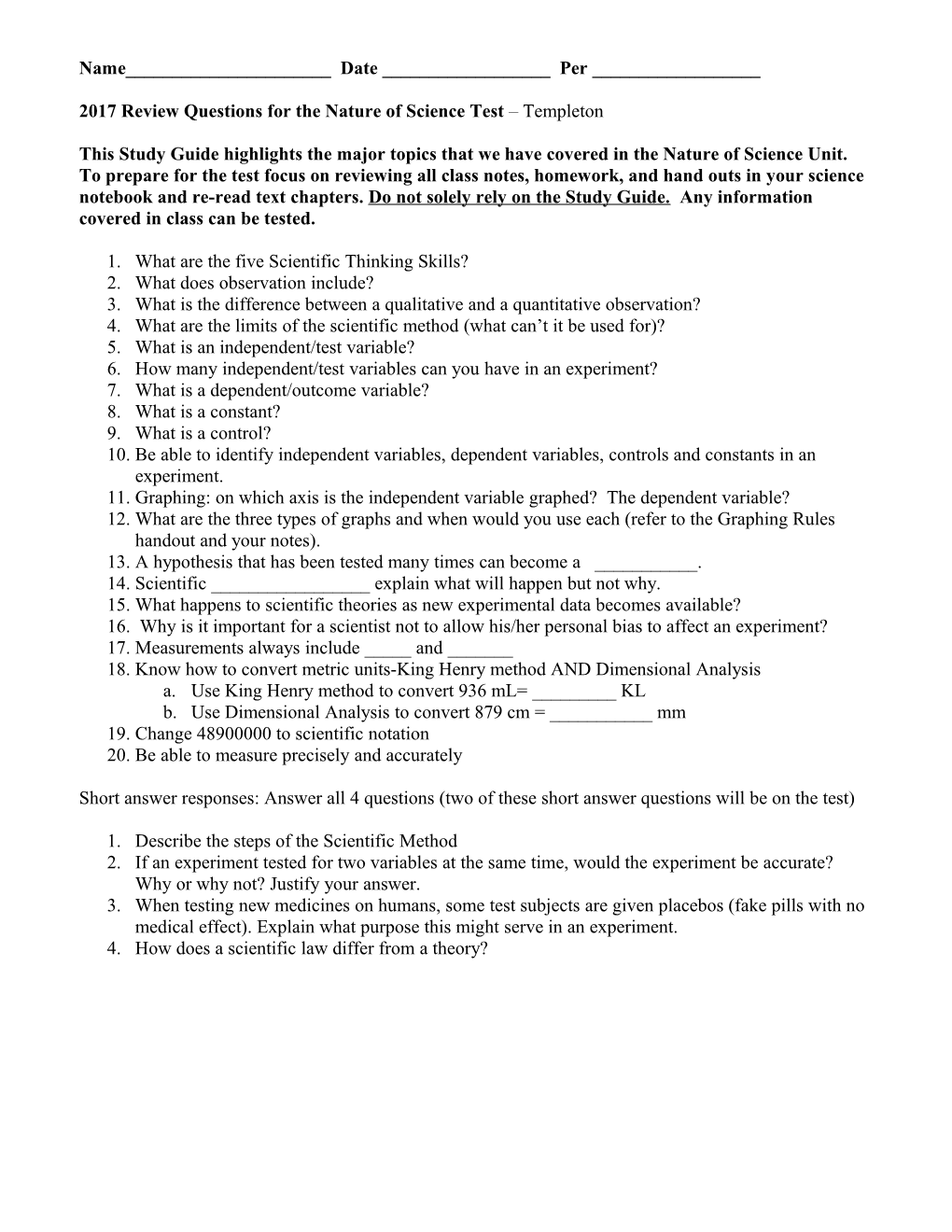 Review Questions for the Nature of Science Test