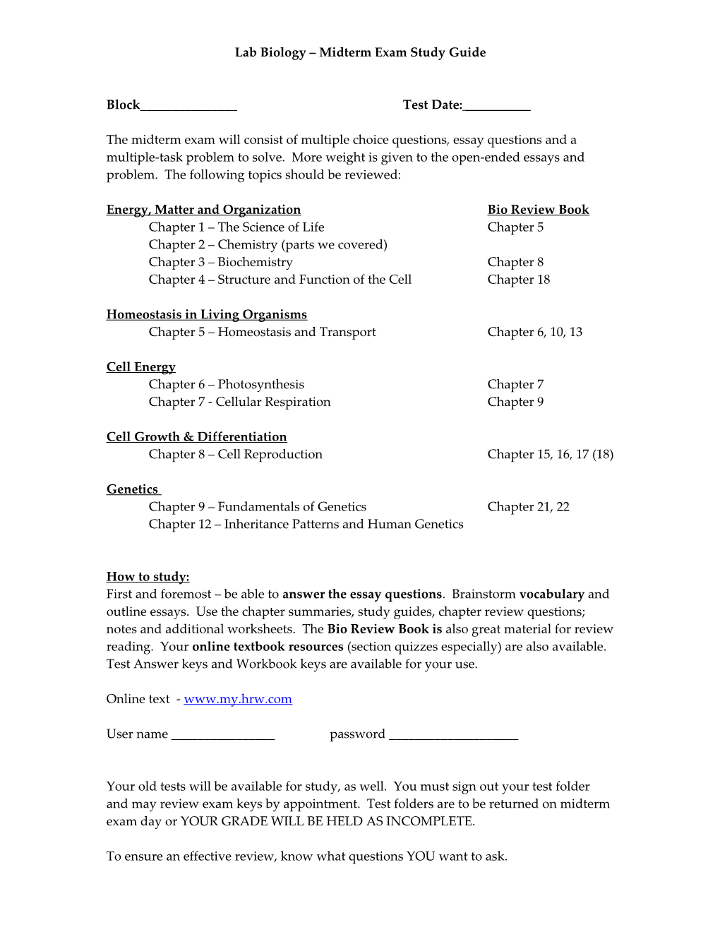 Lab Biology Midterm Exam Study Guide