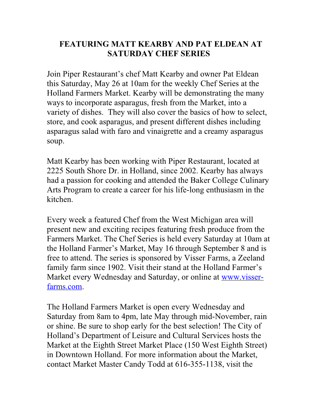 Featuring Matt Kearby and Pat Eldean at Saturday Chef Series