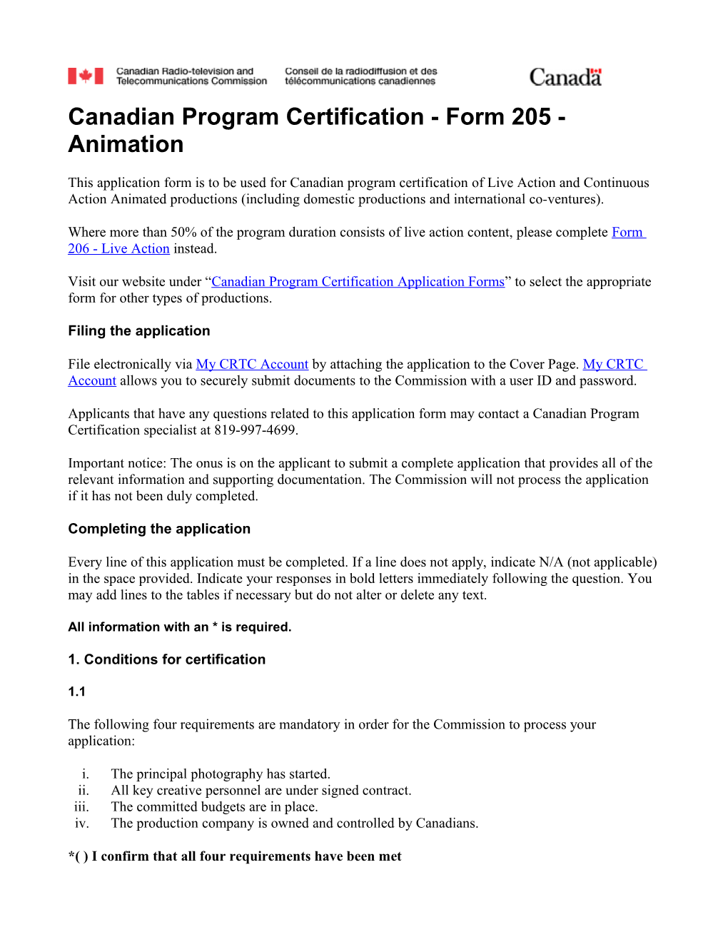 Canadian Program Certification - Form 205 - Animation