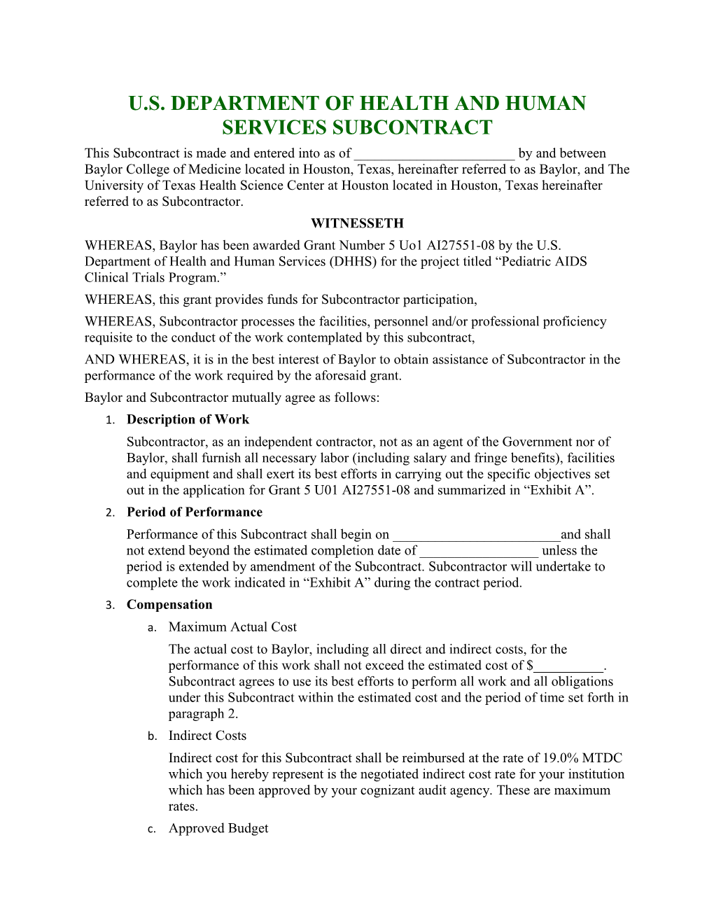 U.S. Department of Health and Human Services Subcontract