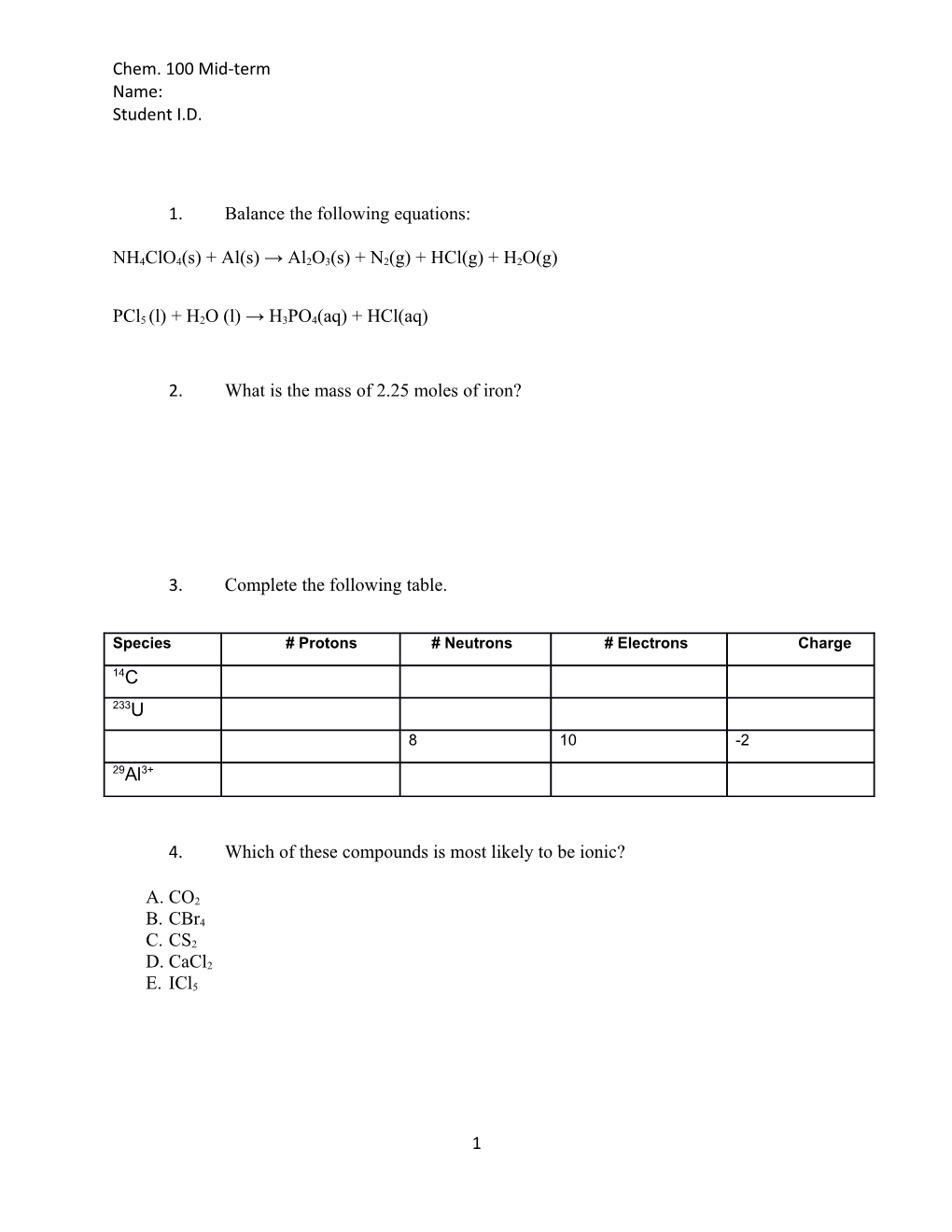 Balance the Following Equations