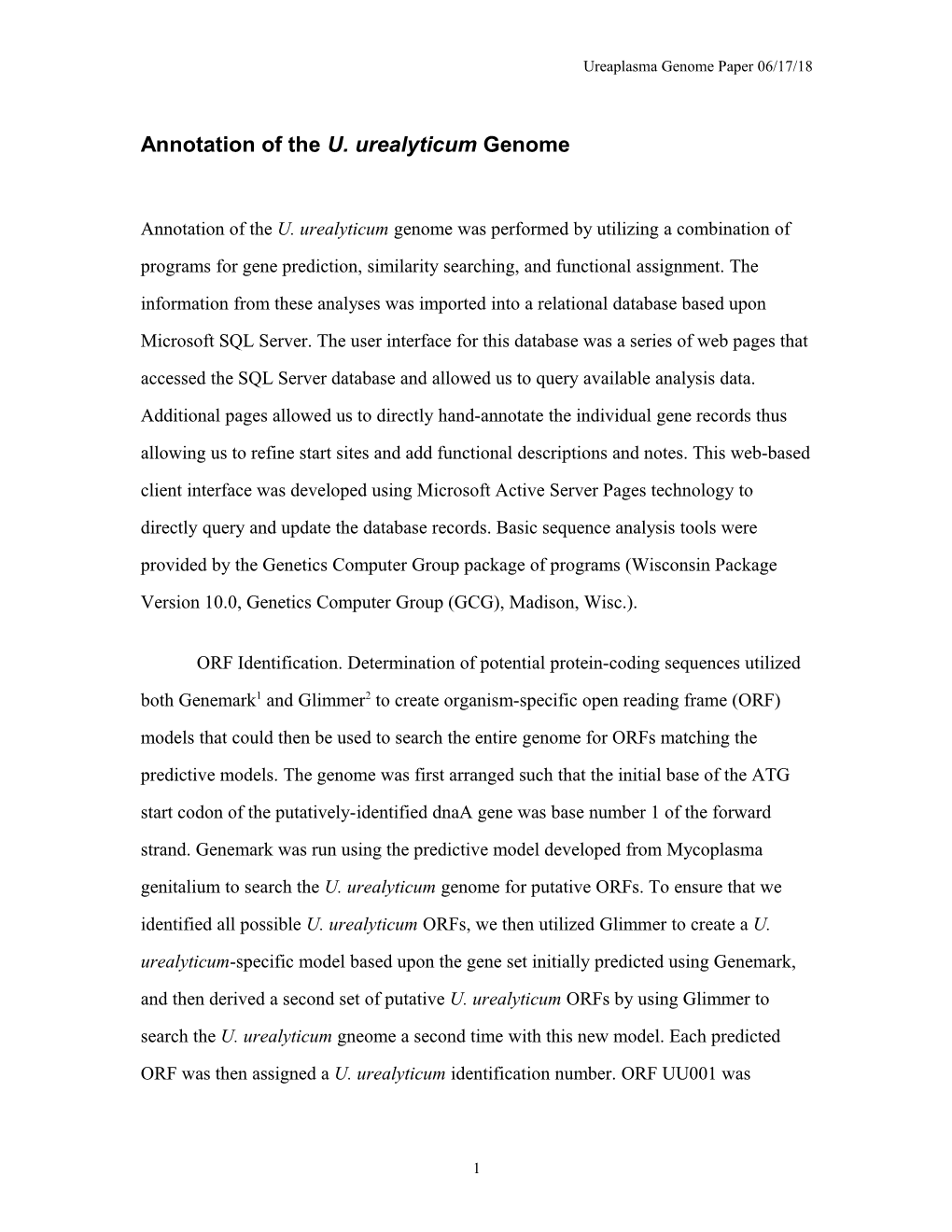 Annotation of the U. Urealyticum Genome