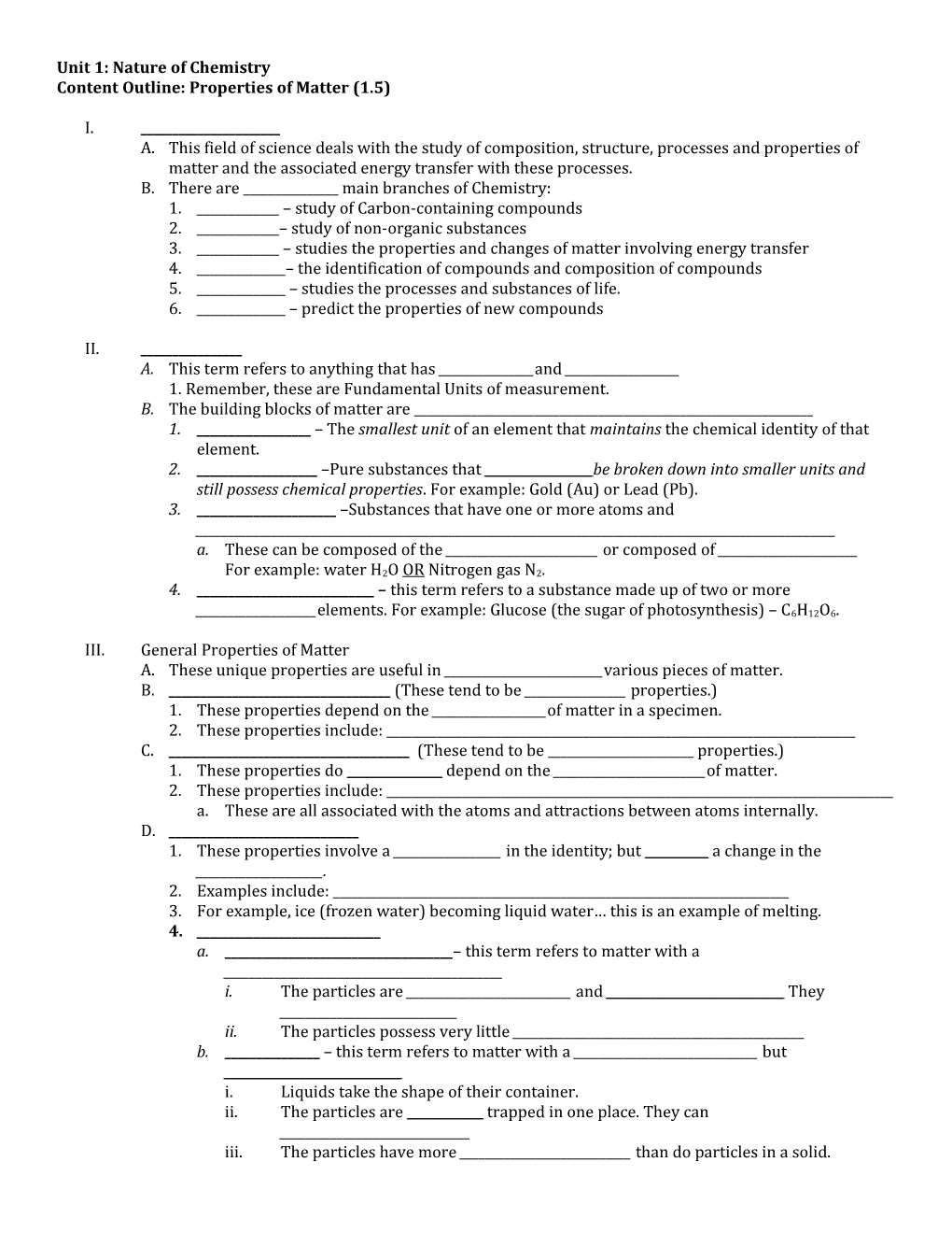 Content Outline: Properties of Matter (1.5)