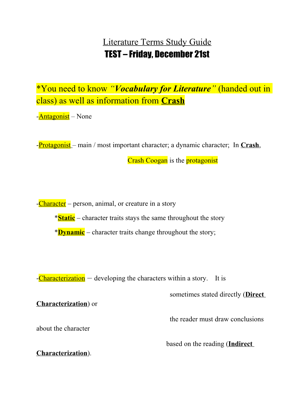 Literature Terms Study Guide