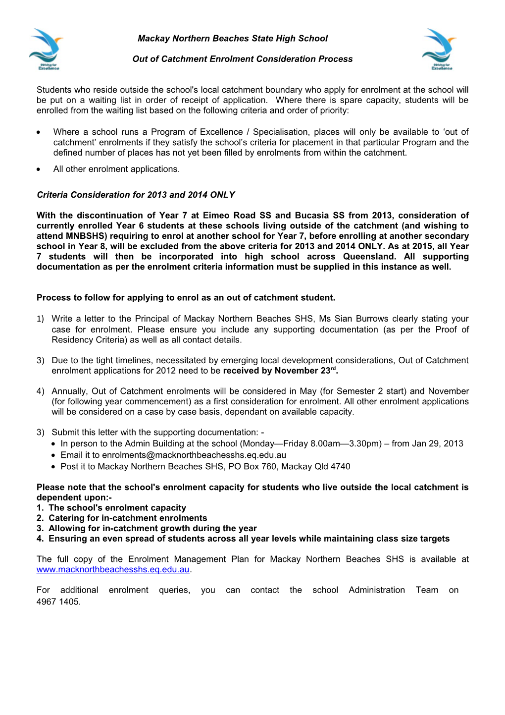 Enrolment - out of Catchment Process