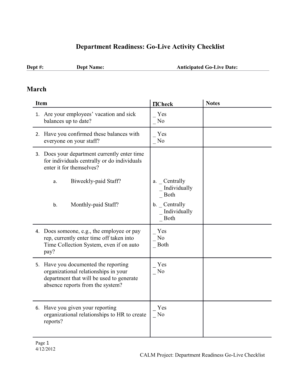 Department Readiness: Go-Live Activity Checklist