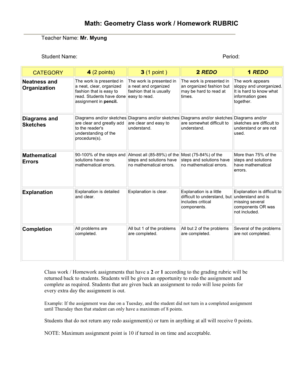 Math: Geometry Class Work / Homework RUBRIC