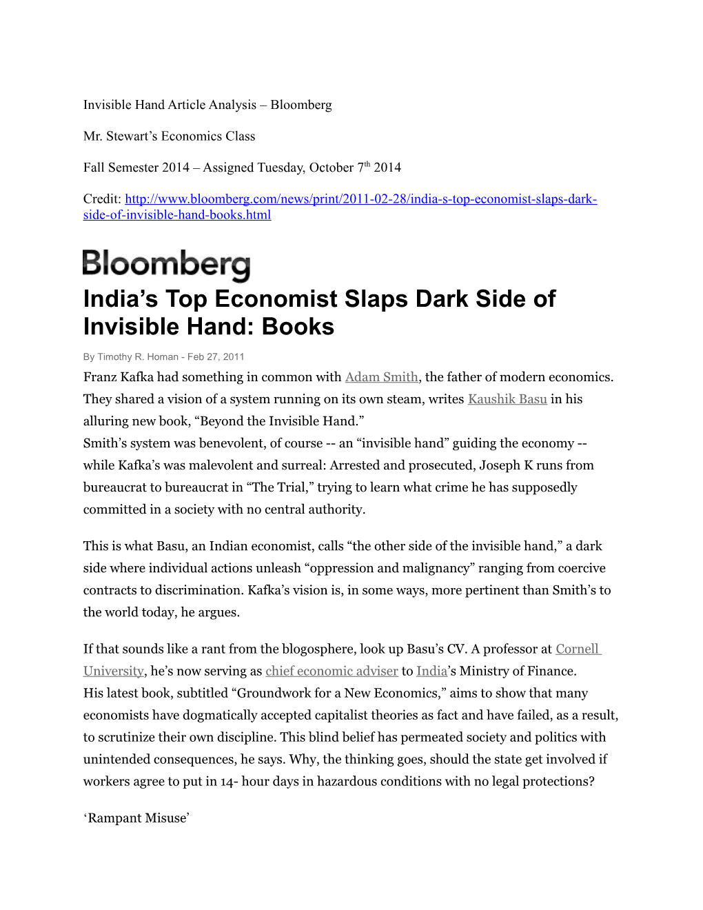 Invisible Hand Article Analysis Bloomberg