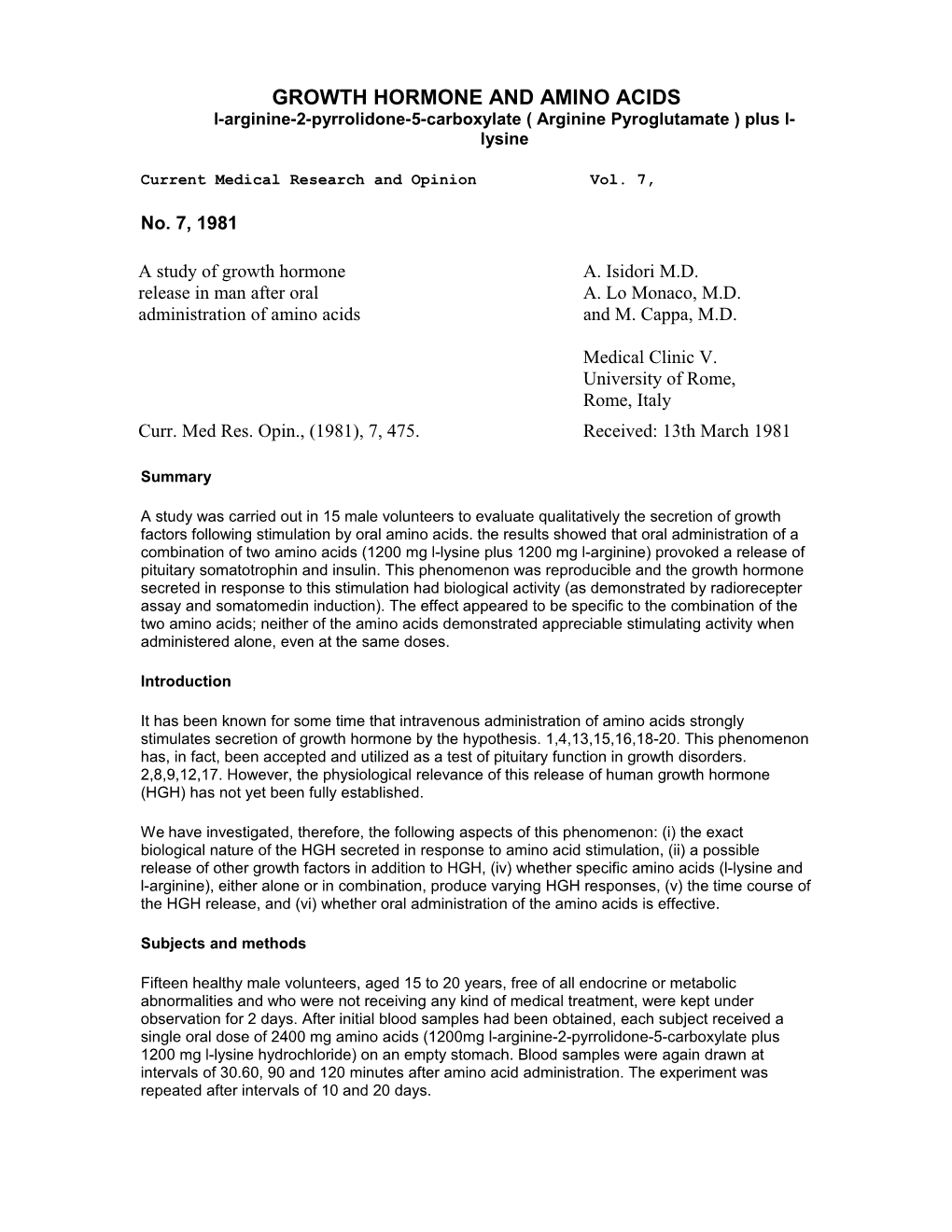 Growth Hormone and Amino Acids