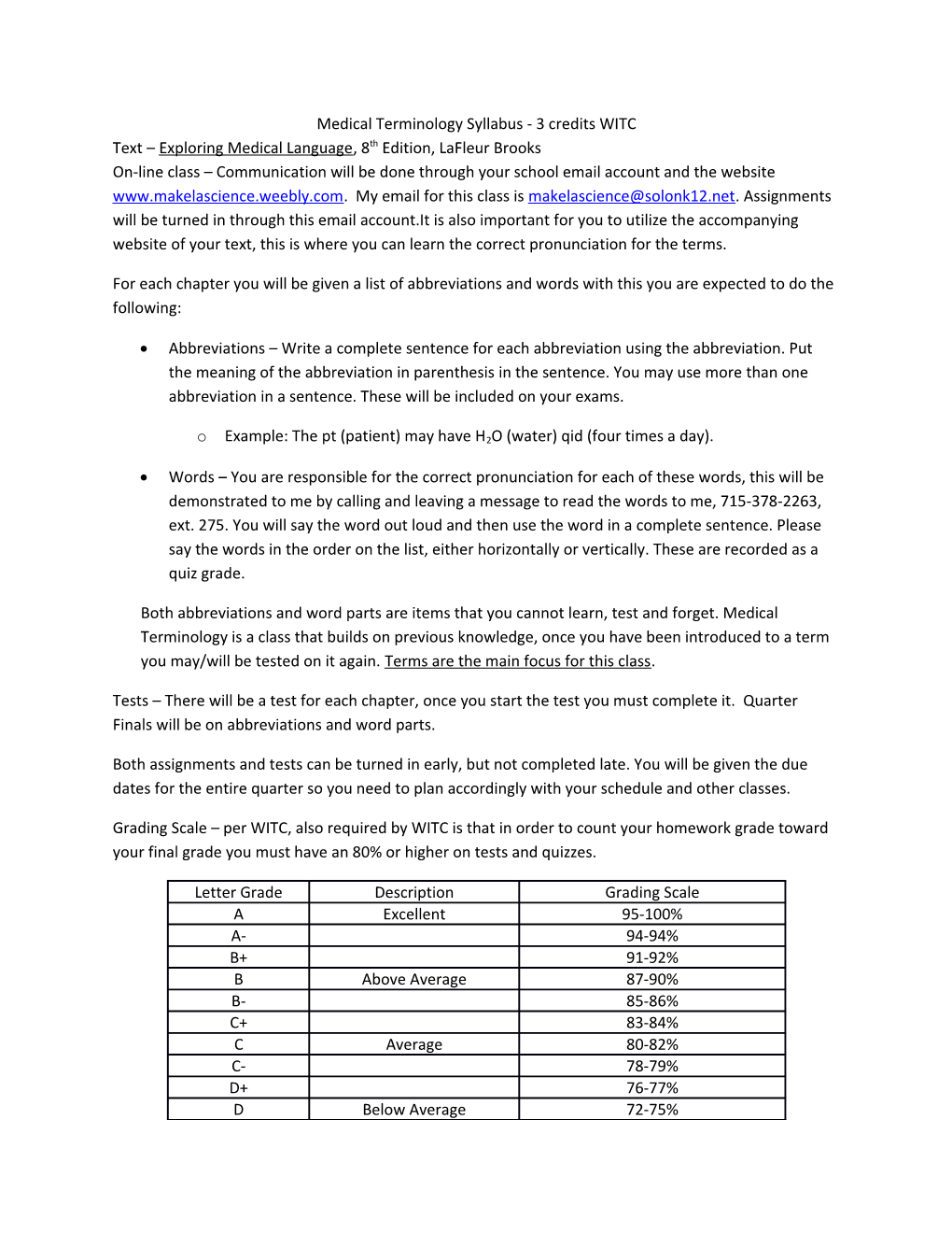 Medical Terminology Syllabus - 3 Credits WITC