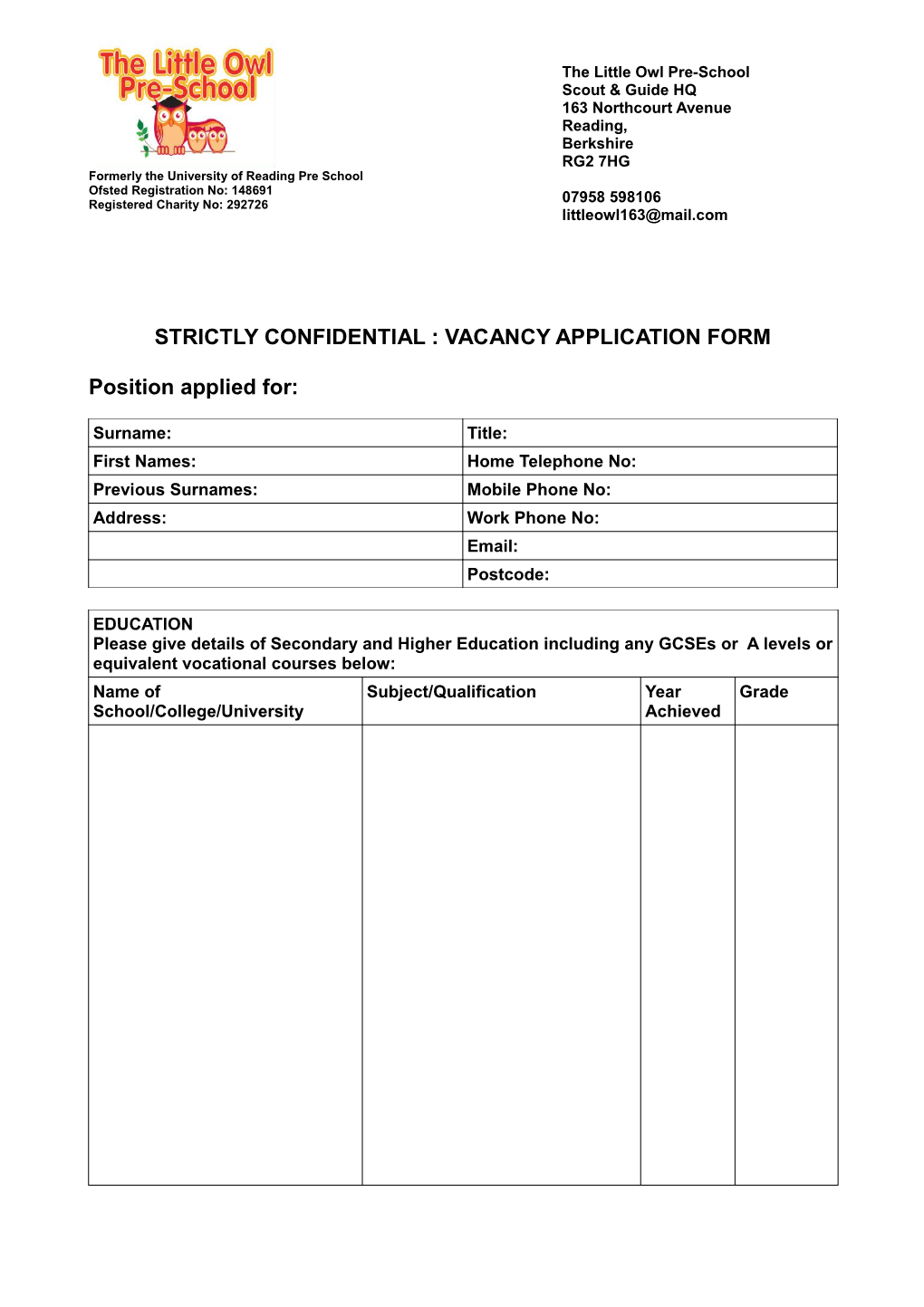 Strictly Confidential : Vacancy Application Form