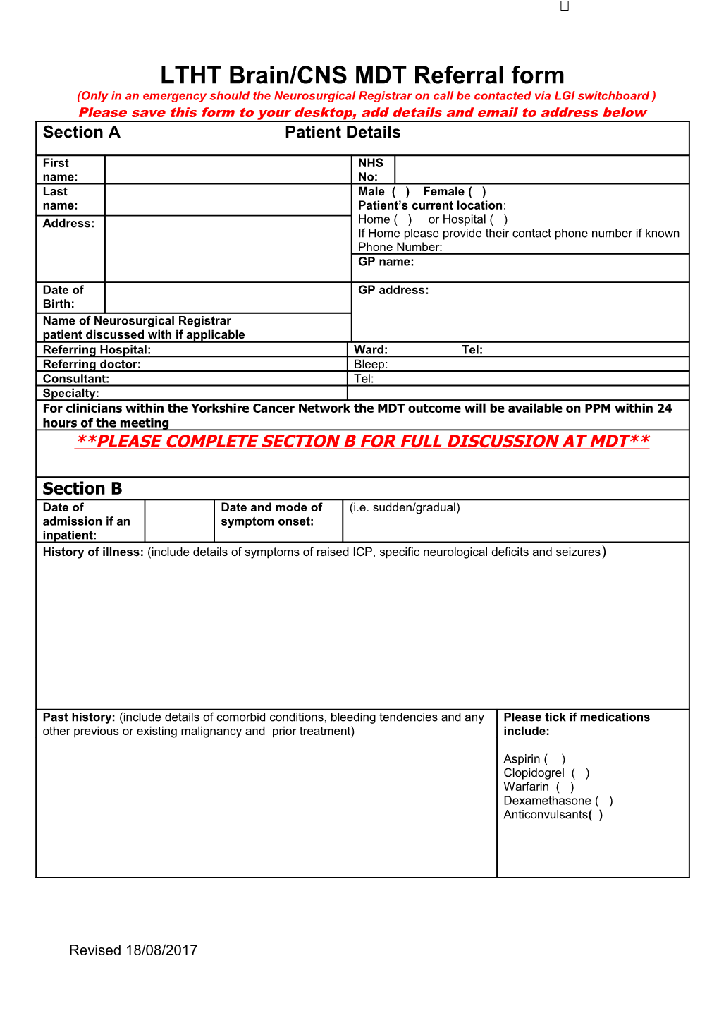 LTHT/YCNN Euroscience MDT Registration / Or Referral Form