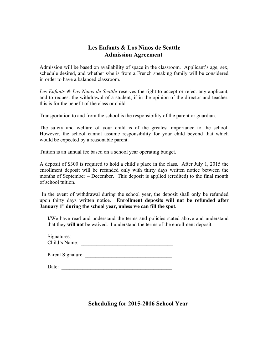 Les Enfants & Los Ninos De Seattle Admission Agreement