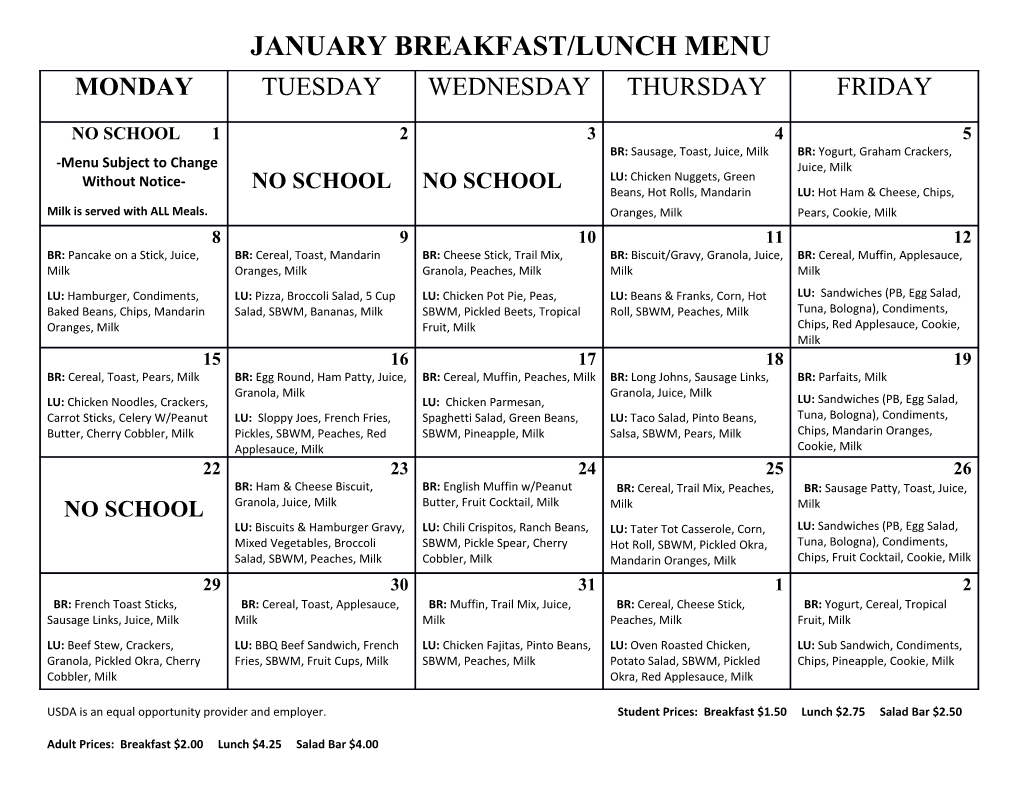 January Breakfast/Lunch Menu