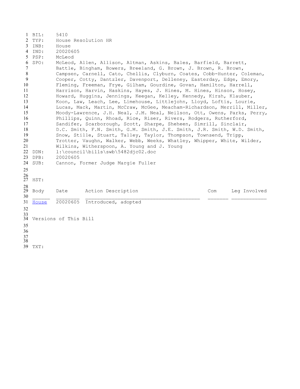 2001-2002 Bill 5410: Cannon, Former Judge Margie Fuller - South Carolina Legislature Online