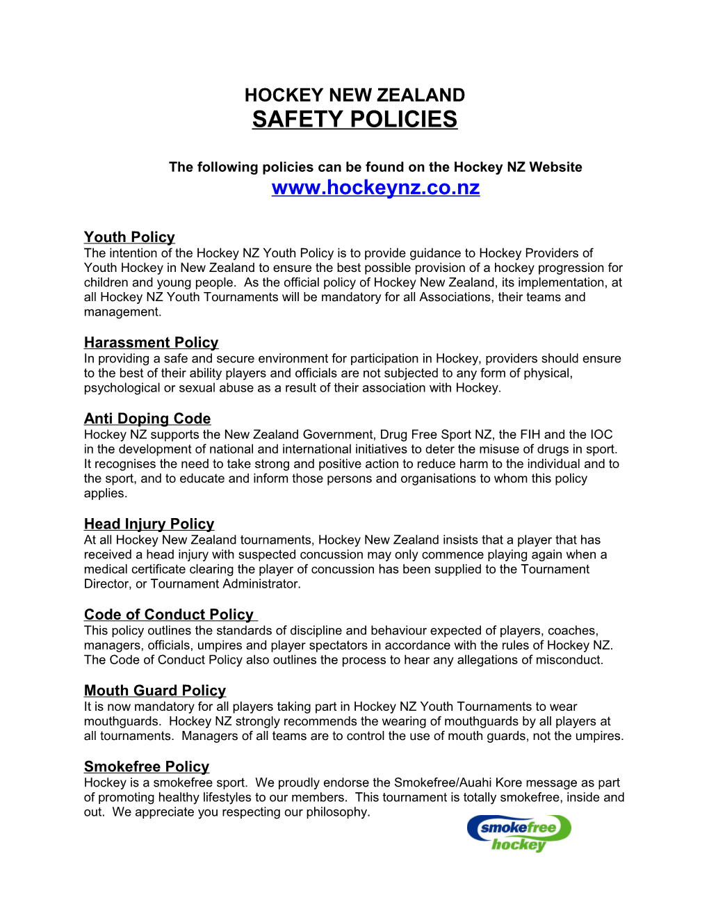 New Zealand Hockey Federation Safety Policies