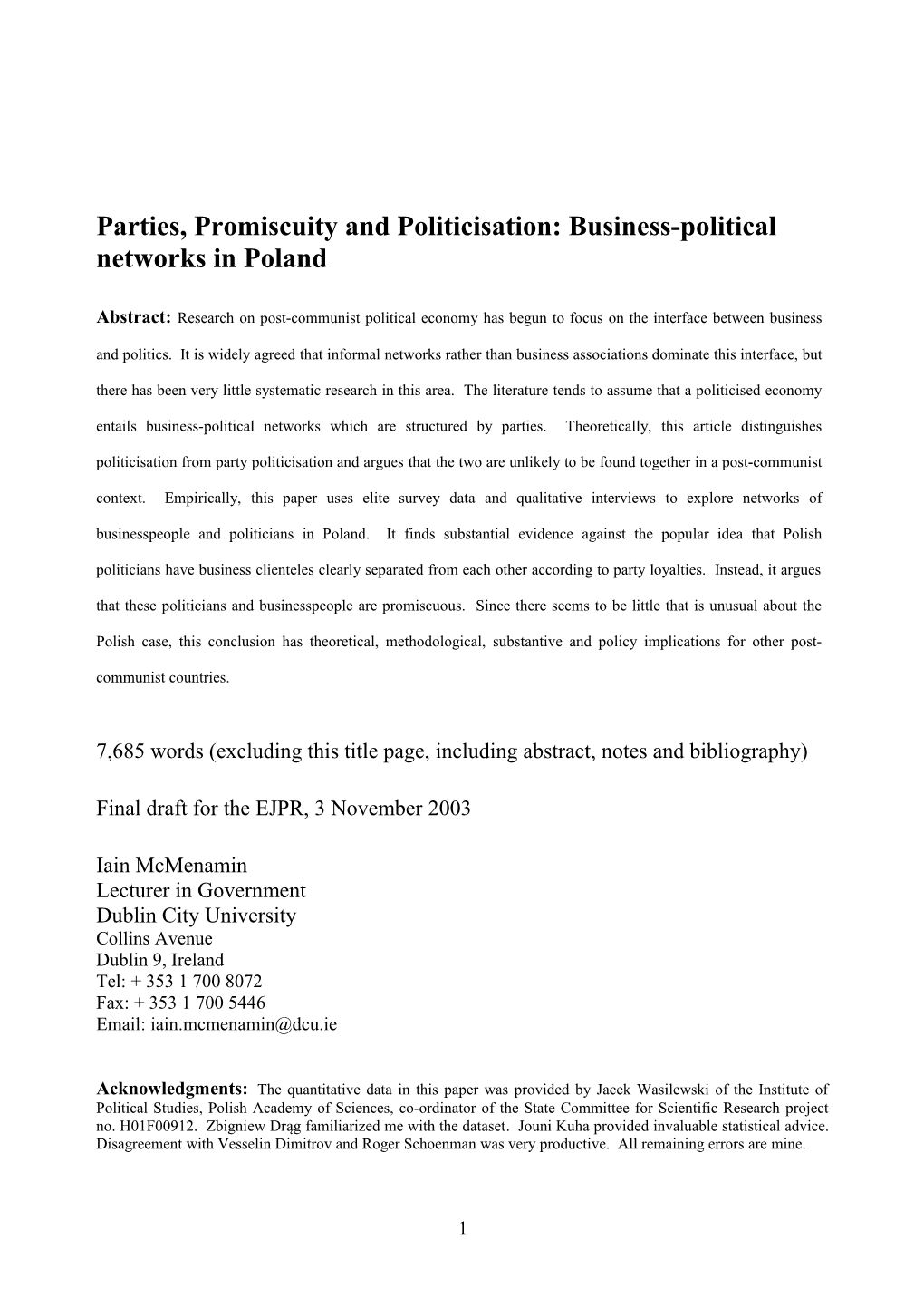 Polish Business Elites: Institutionalisation, Politicisation Or Personalisation