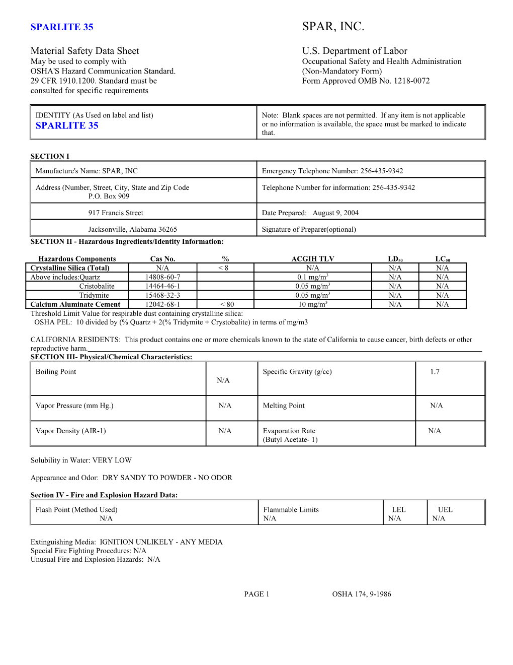 Material Safety Data Sheet U.S. Department of Labor