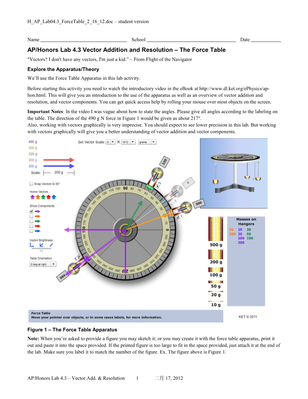 AP/Honors Lab 4.3Vector Addition and Resolution the Force Table