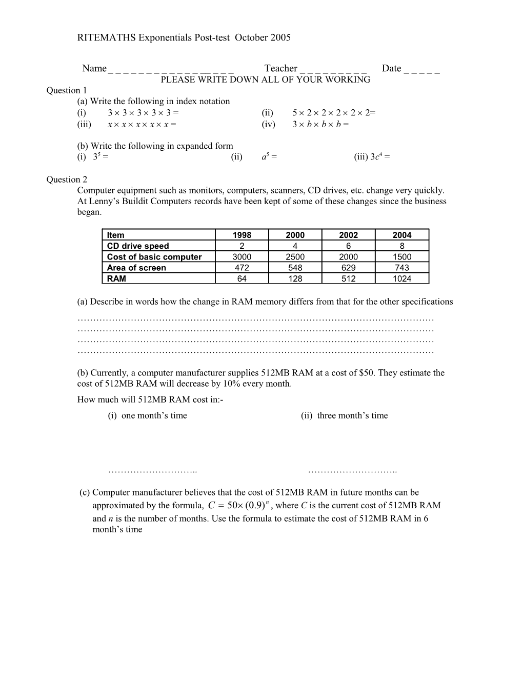 RITEMATHS Exponentials Post-Test October 2005