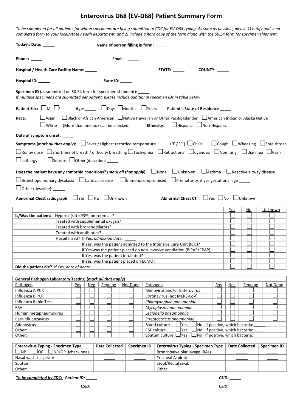 Enterovirus D68 (EV-D68) Patient Summary Form