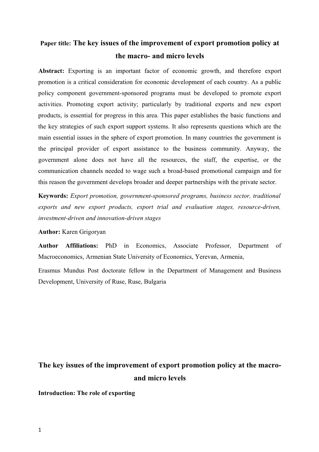 Paper Title: the Key Issues of the Improvement of Export Promotion Policy at the Macro