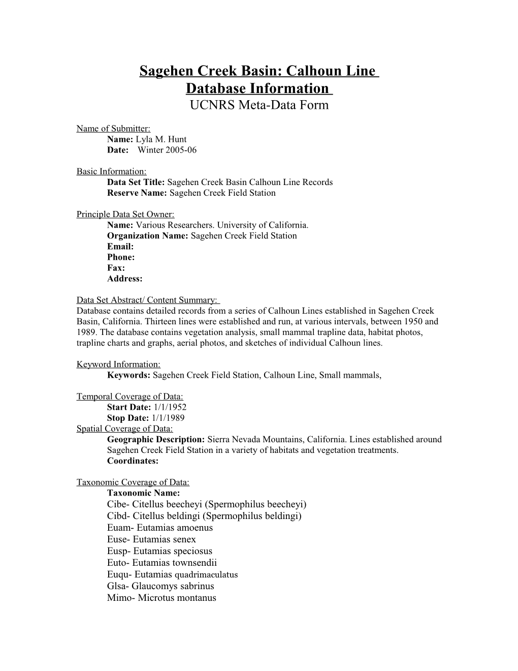 Summary of Database Content