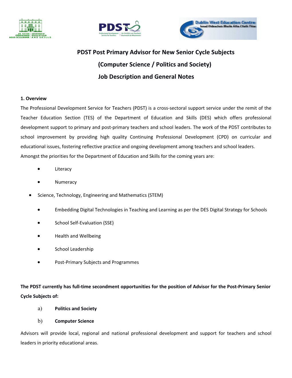 PDST Post Primary Advisor for New Senior Cycle Subjects