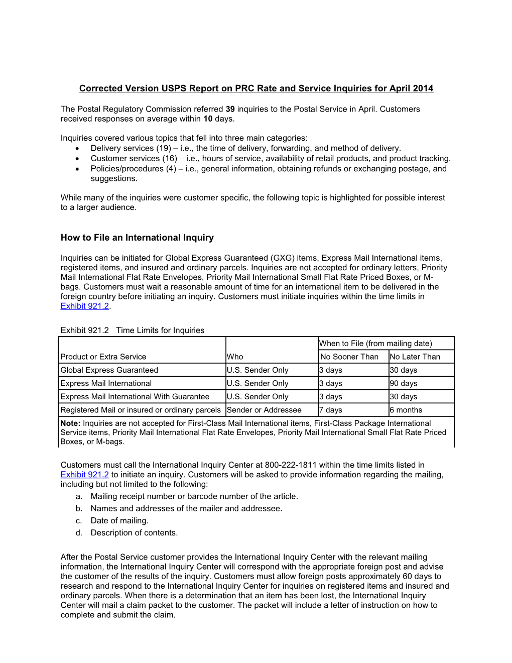 USPS Report on PRC Rate and Service Inquiries for May 2012