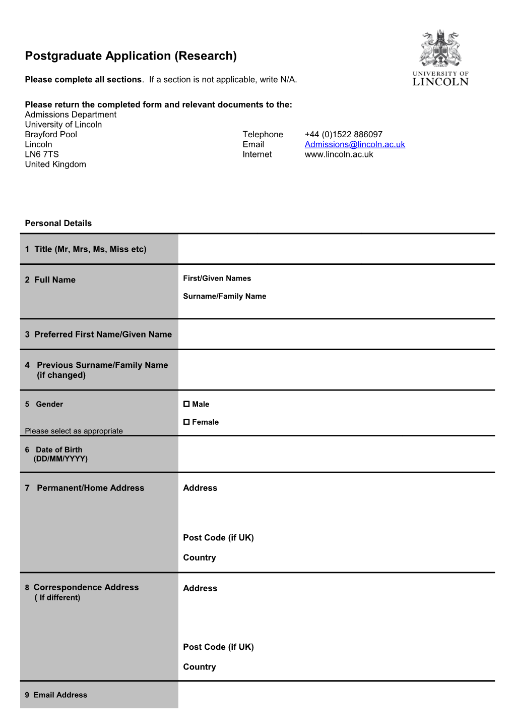 Postgraduate Application (Research)