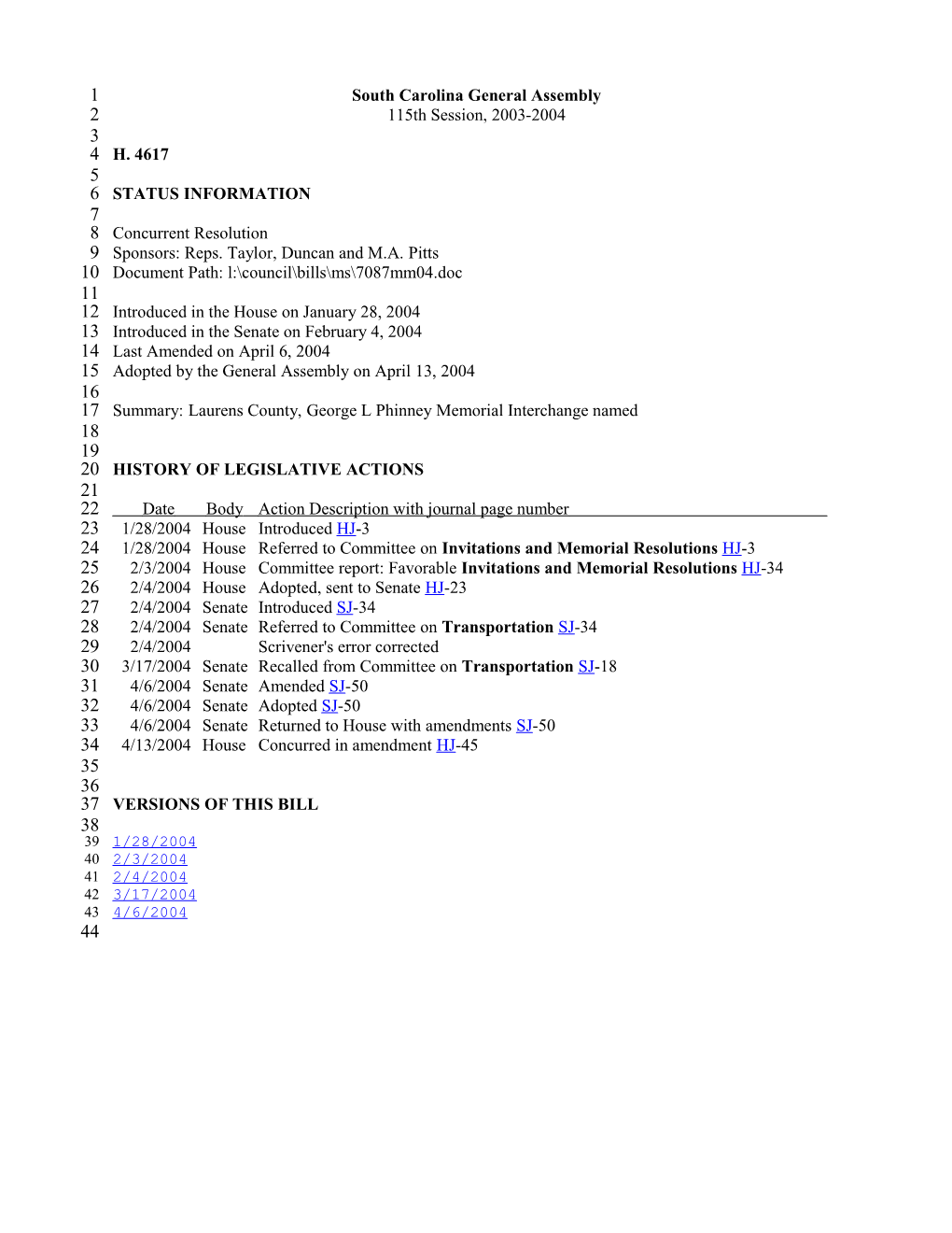 2003-2004 Bill 4617: Laurens County, George L Phinney Memorial Interchange Named - South