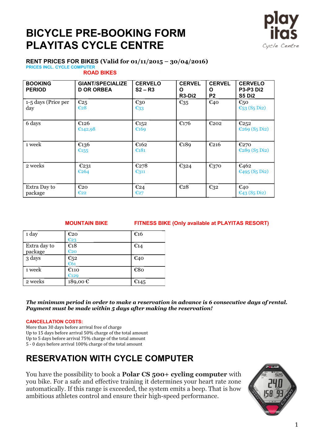 Bicycle Pre-Booking Form