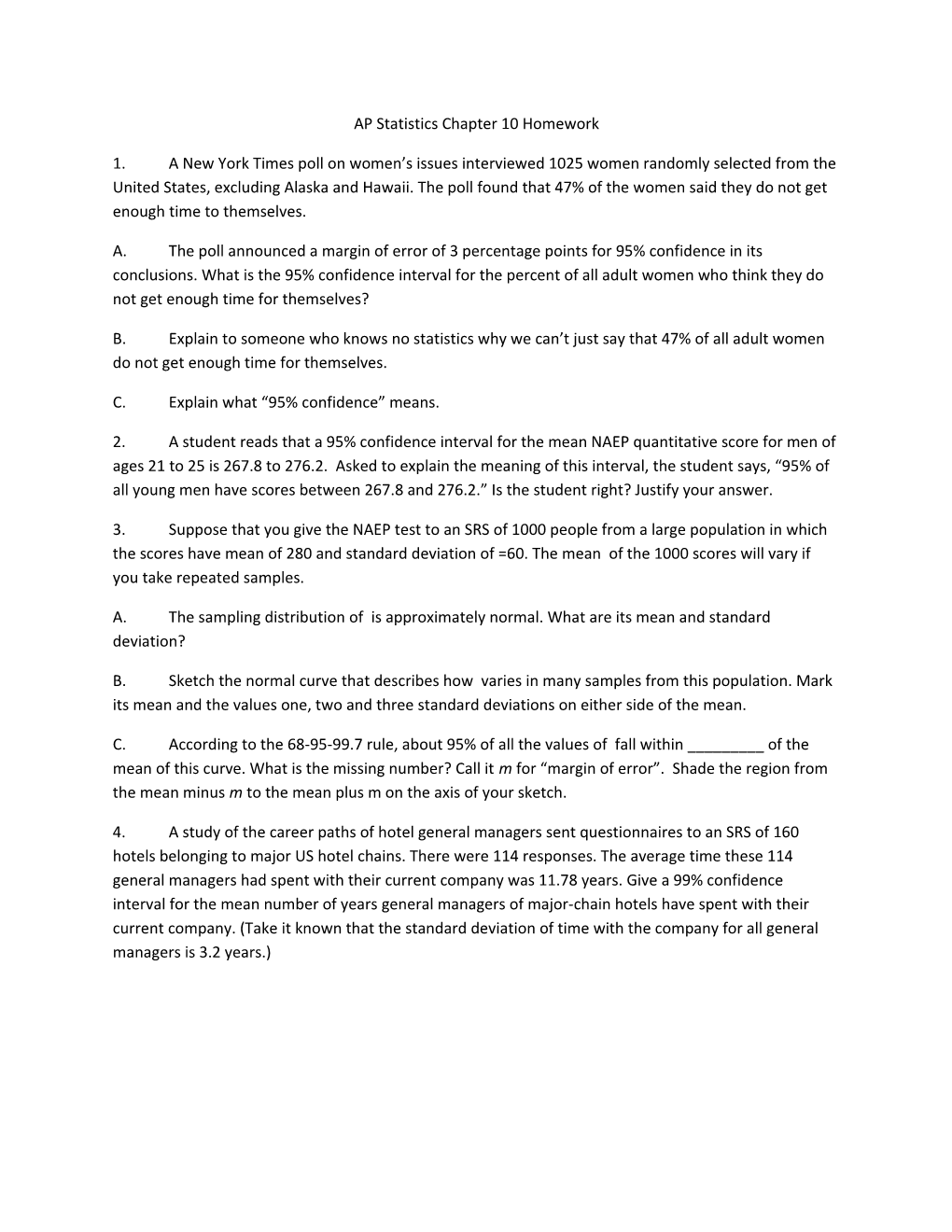 AP Statistics Chapter 10 Homework