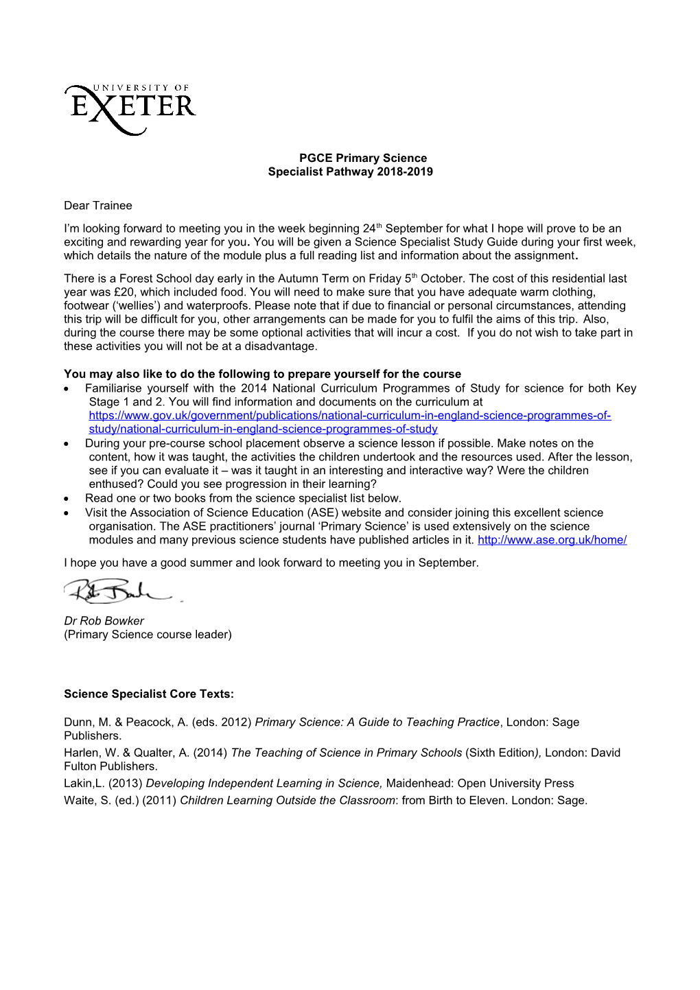 PGCE Early Years and Primary Science Programme 2003-2004