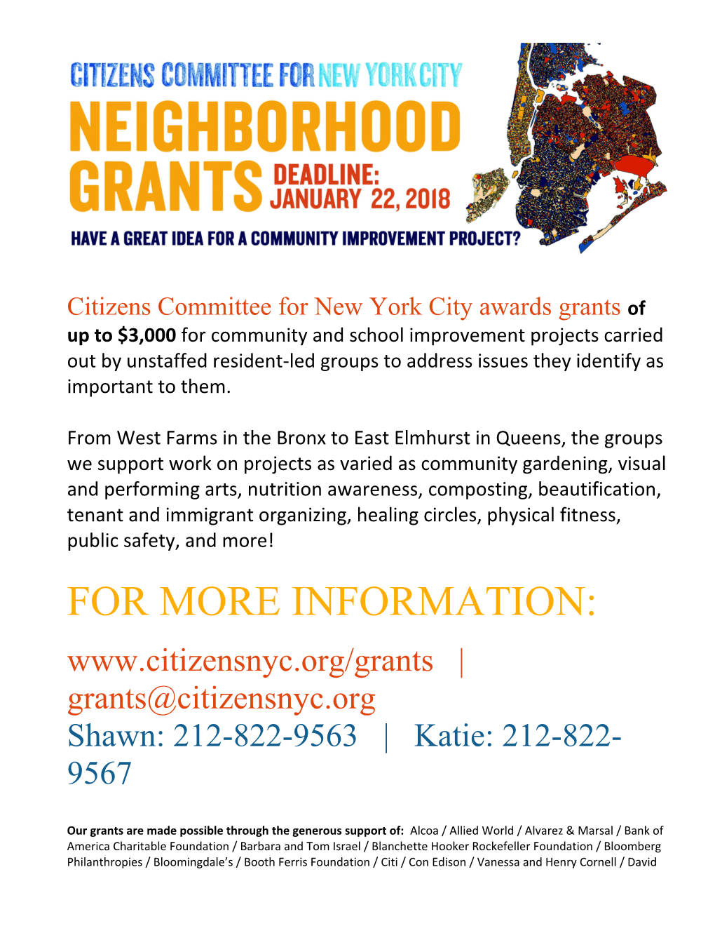 Citizens Committee for New York City Awards Grantsof up to $3,000For Community and School