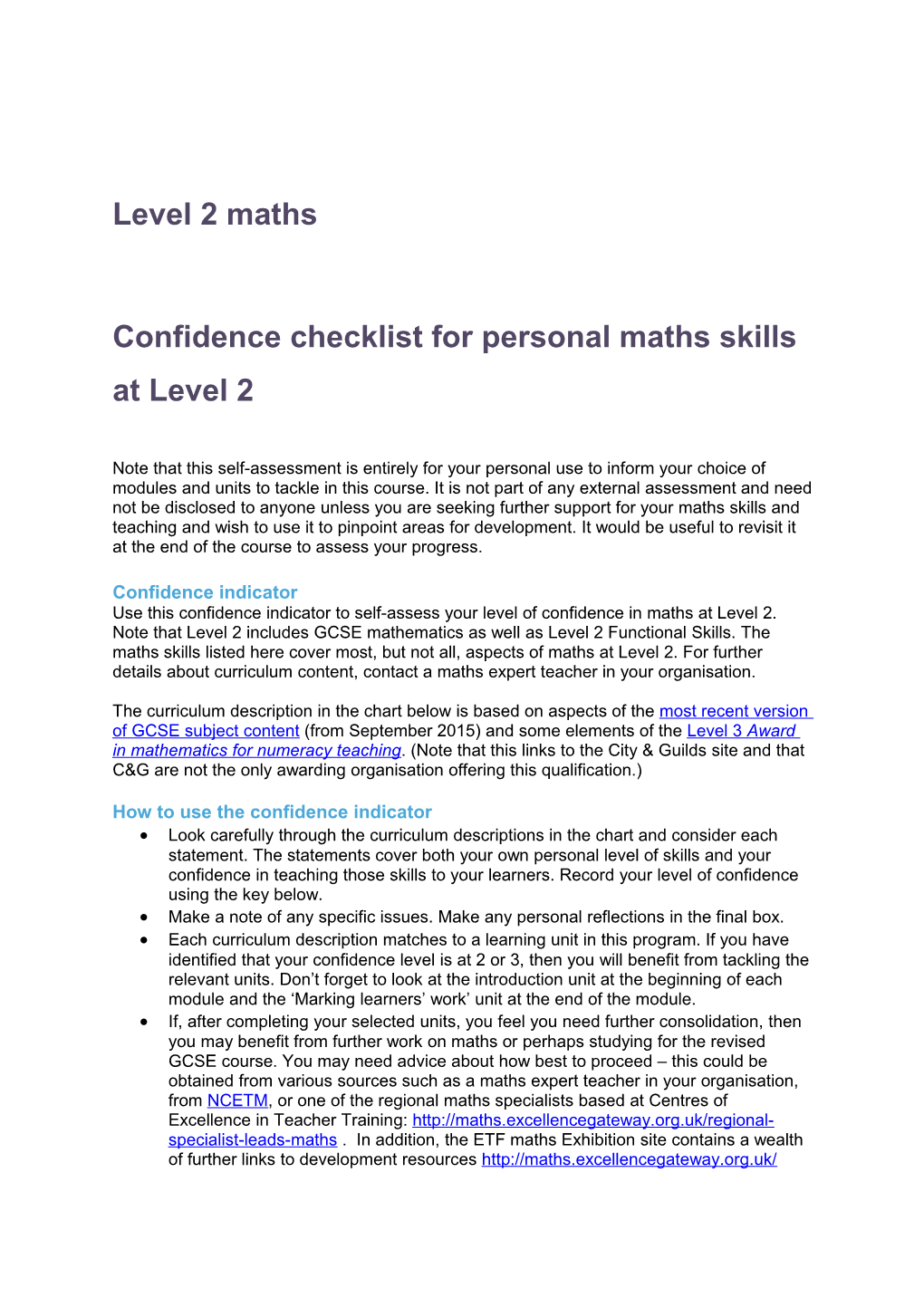 Confidence Checklistfor Personal Maths Skills at Level 2