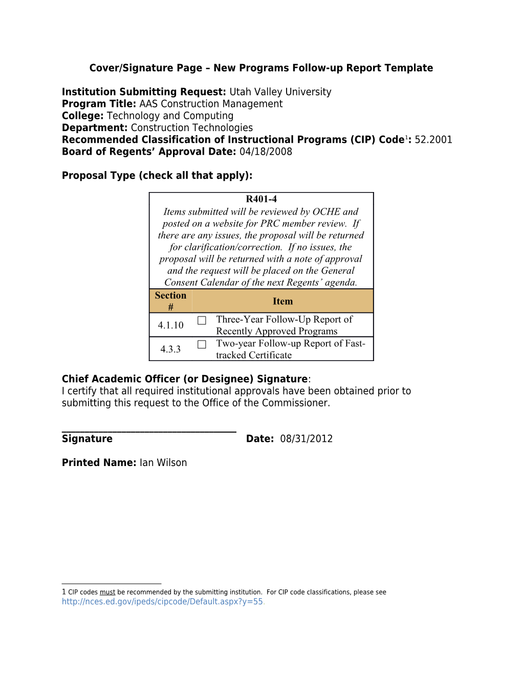 Cover/Signature Page New Programs Follow-Up Report Template