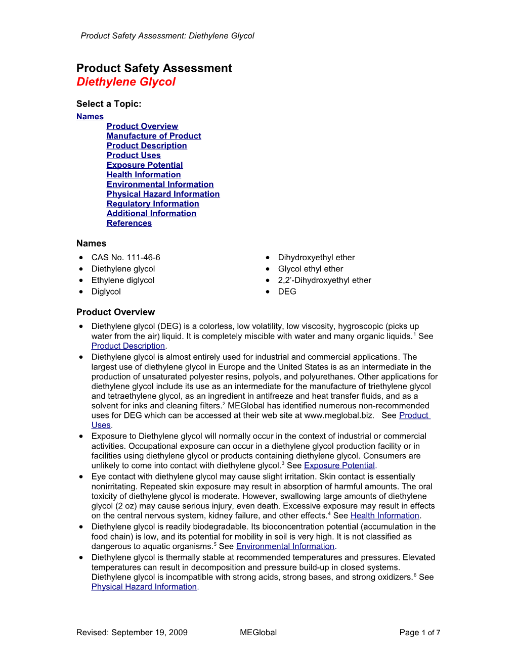 Product Safety Assessment: Diethylene Glycol