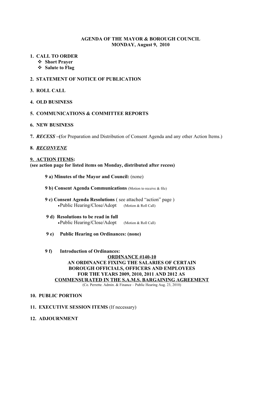 Agenda of the Mayor & Borough Council