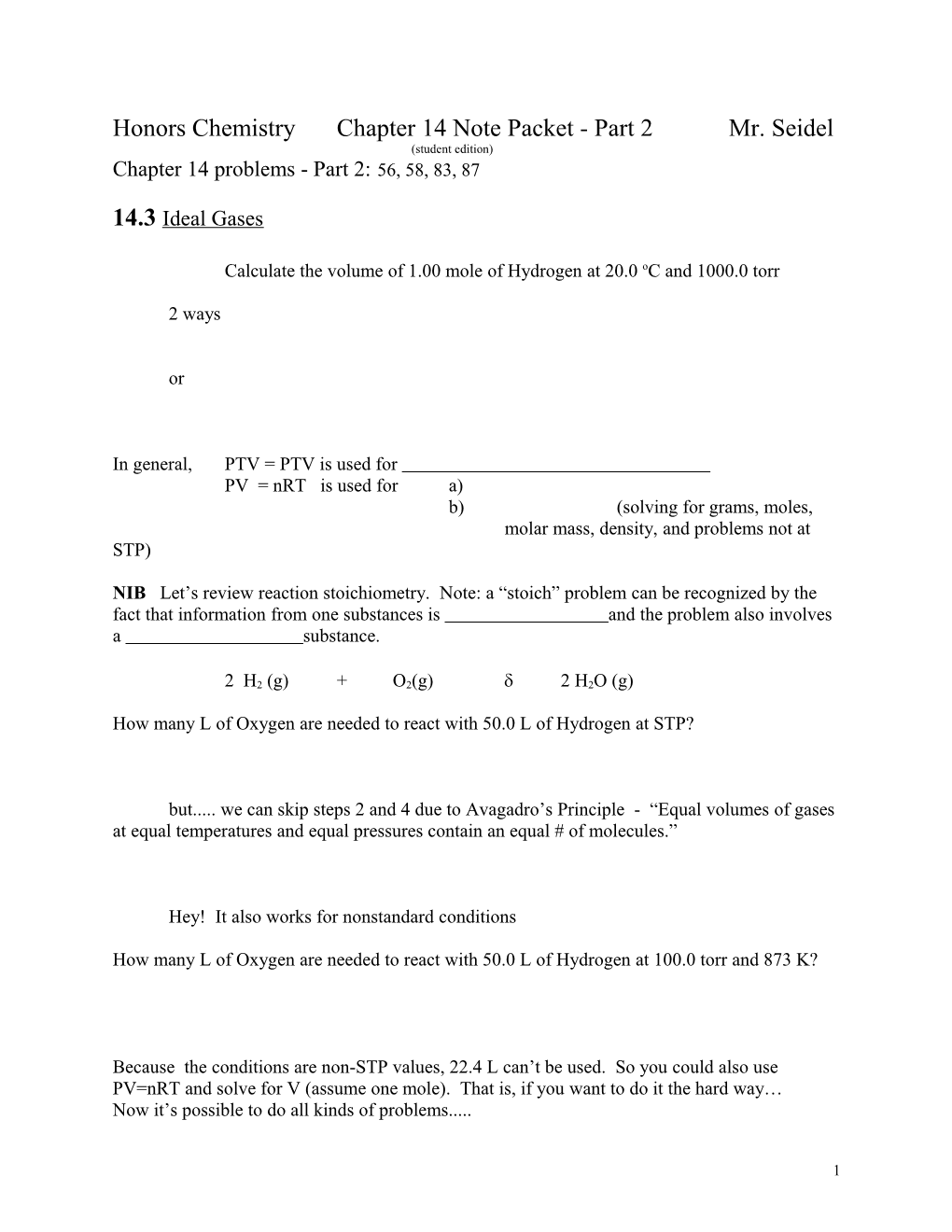 Honors Chemistry Chapter 14 Note Packet - Part 2 Mr. Seidel