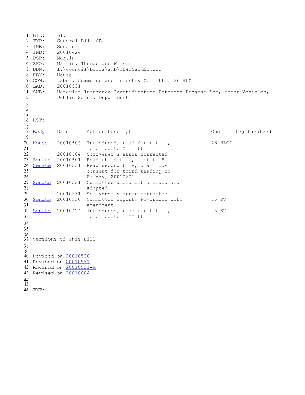 2001-2002 Bill 617: Motorist Insurance Identification Database Program Act, Motor Vehicles