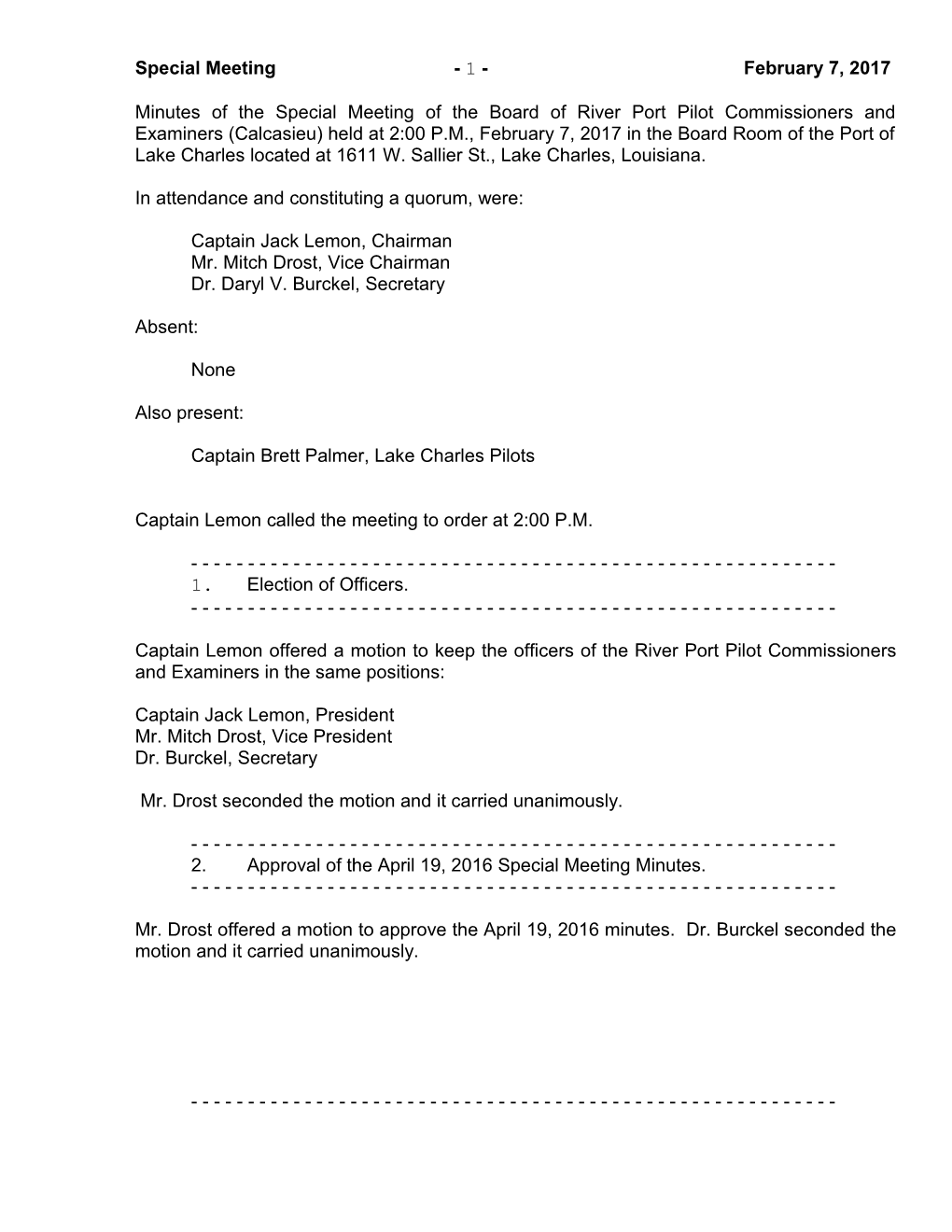 Minutes of the Regular Meeting of the Board River Port Pilot Commissioners and Examiners