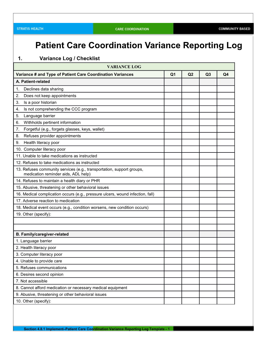 Patient Care Coordination Variance Reporting Log Template