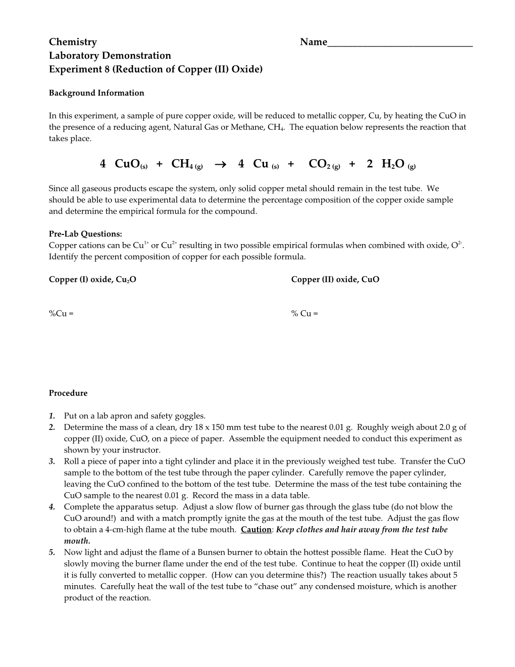 Experiment 8 (Reduction of Copper (II) Oxide)