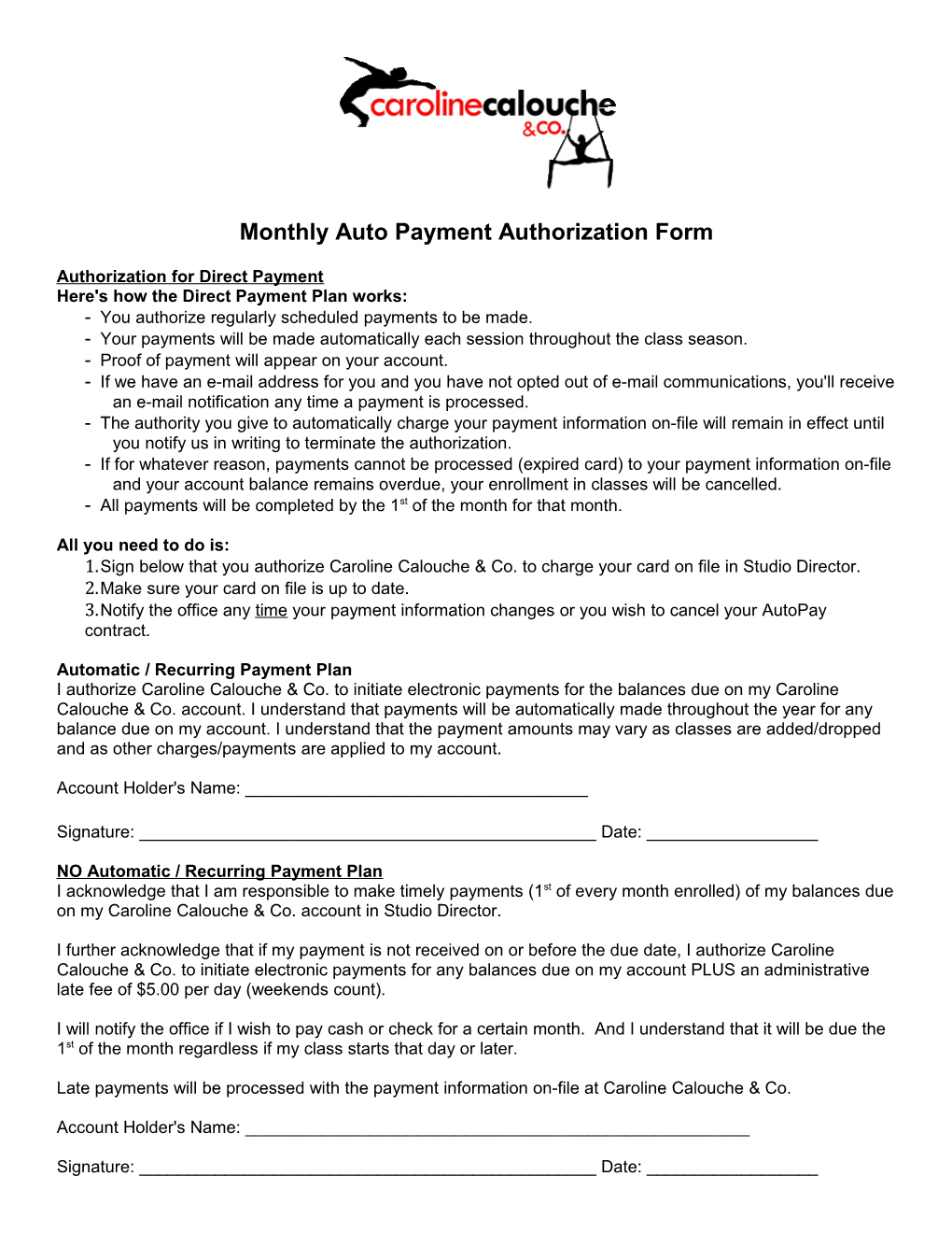 Monthly Auto Payment Authorization Form